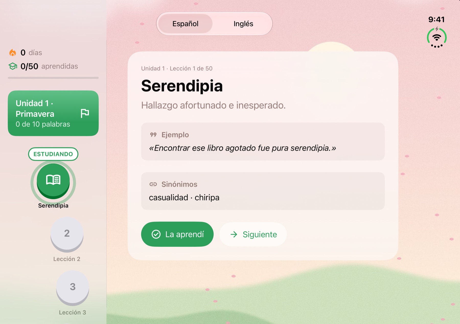 LexLock Duo en la pantalla interior del iPhone Duo abierto: el path a la izquierda y la palabra Serendipia con ejemplo y sinónimos a la derecha