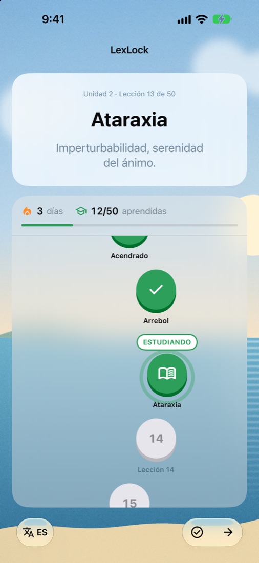 LexLock Duo en iPhone mostrando la palabra Ataraxia y el path de lecciones